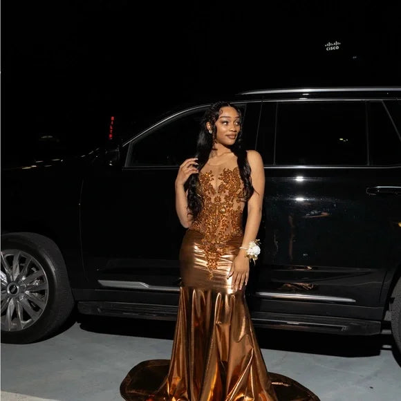Gold Beaded Mermaid Floor length Prom Dresses