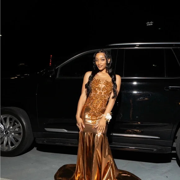 Gold Beaded Mermaid Floor length Prom Dresses
