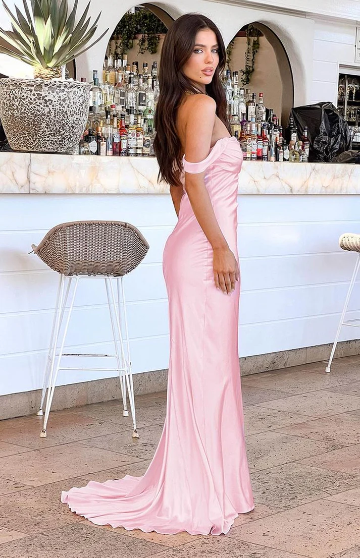off Shoulder Satin Pink Evening Dress Floor length Mermaid