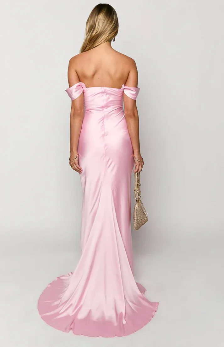 off Shoulder Satin Pink Evening Dress Floor length Mermaid