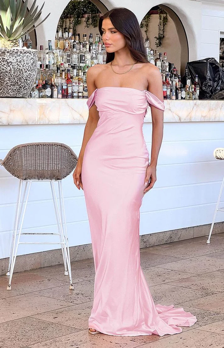 off Shoulder Satin Pink Evening Dress Floor length Mermaid