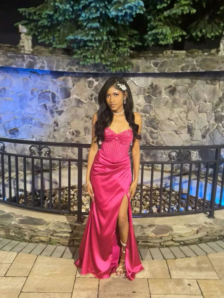 Pretty Hot Pink Mermaid Side Slit Long Party Prom Dresses To Impress,Evening Dress