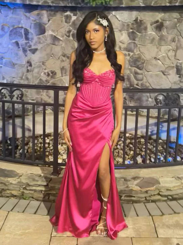 Pretty Hot Pink Mermaid Side Slit Long Party Prom Dresses To Impress,Evening Dress