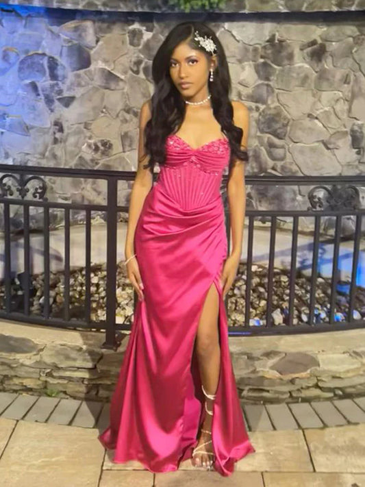 Pretty Hot Pink Mermaid Side Slit Long Party Prom Dresses To Impress,Evening Dress
