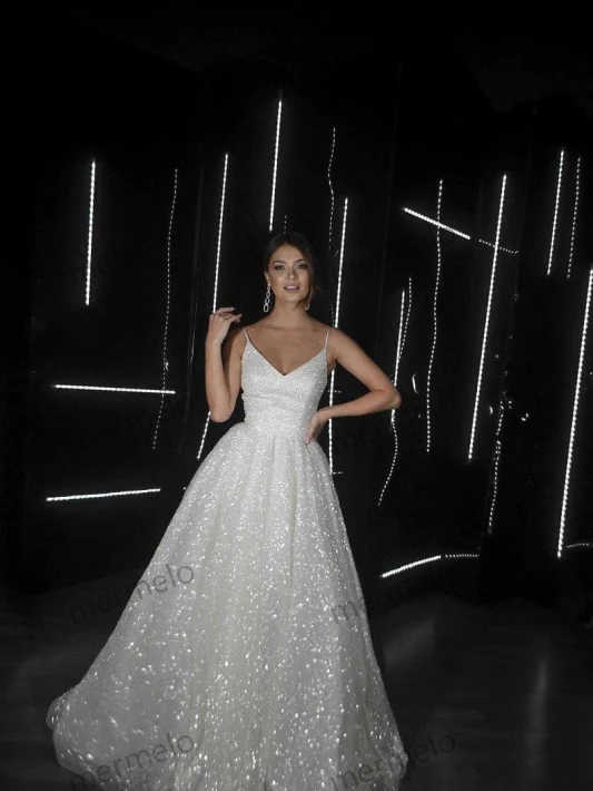 Shiny Sequins Spaghetti Straps A-line Wedding Dress