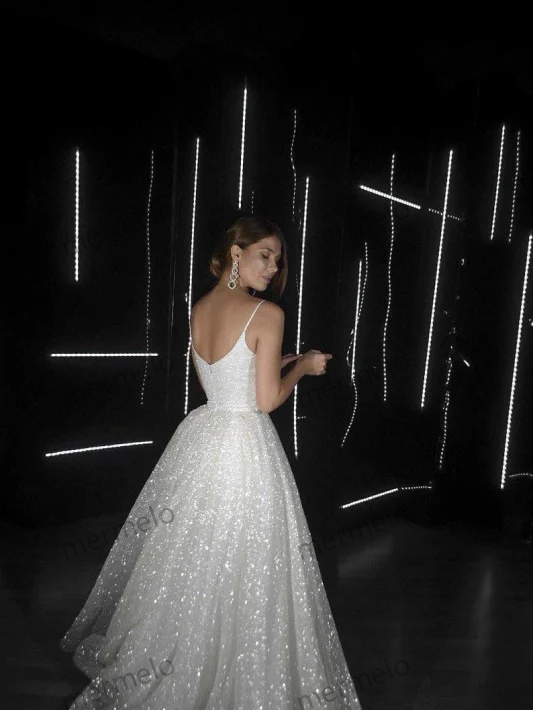 Shiny Sequins Spaghetti Straps A-line Wedding Dress
