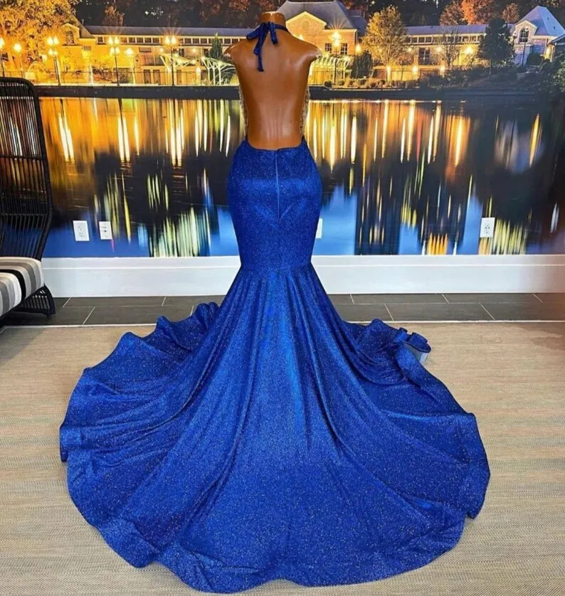 Royal Blue African American Prom Dresses Mermaid Halter Sequins Beaded mermelo Royal Blue African American Prom Dresses Mermaid Halter Sequins Beaded mermelo