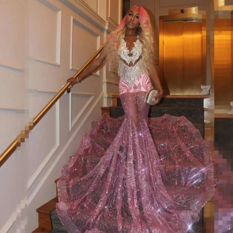 Sexy See Through Prom Dresses For Women Sequin Rhinestone Mermaid Party Gowns Black Girls Crystal Tassel Vestidos De Festa