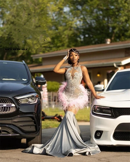 Silver O Neck Long Prom Dress For Black Girls Beaded Crystal Birthday Party Dresses Pink Feathers Evening Gown Robe De Bal