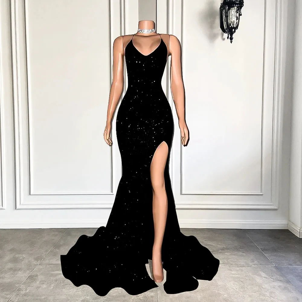 Sparkly Mermaid Style Fitted Sexy High Slit Black Sequined African Girl Backless Long Prom Dresses