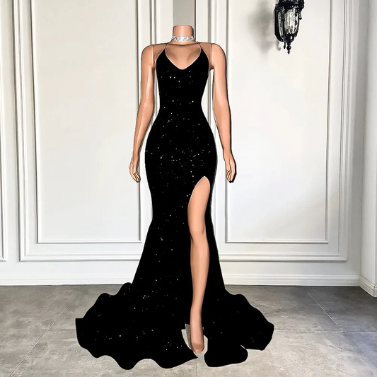 Sparkly Mermaid Style Fitted Sexy High Slit Black Sequined African Girl Backless Long Prom Dresses