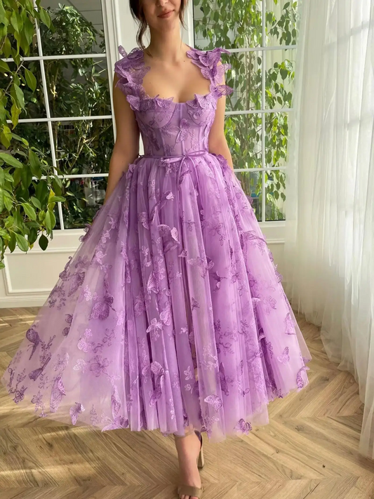 Tulle Prom Dresses 3D Butterfly Spaghetti Straps Tea Length Homecoming Dress