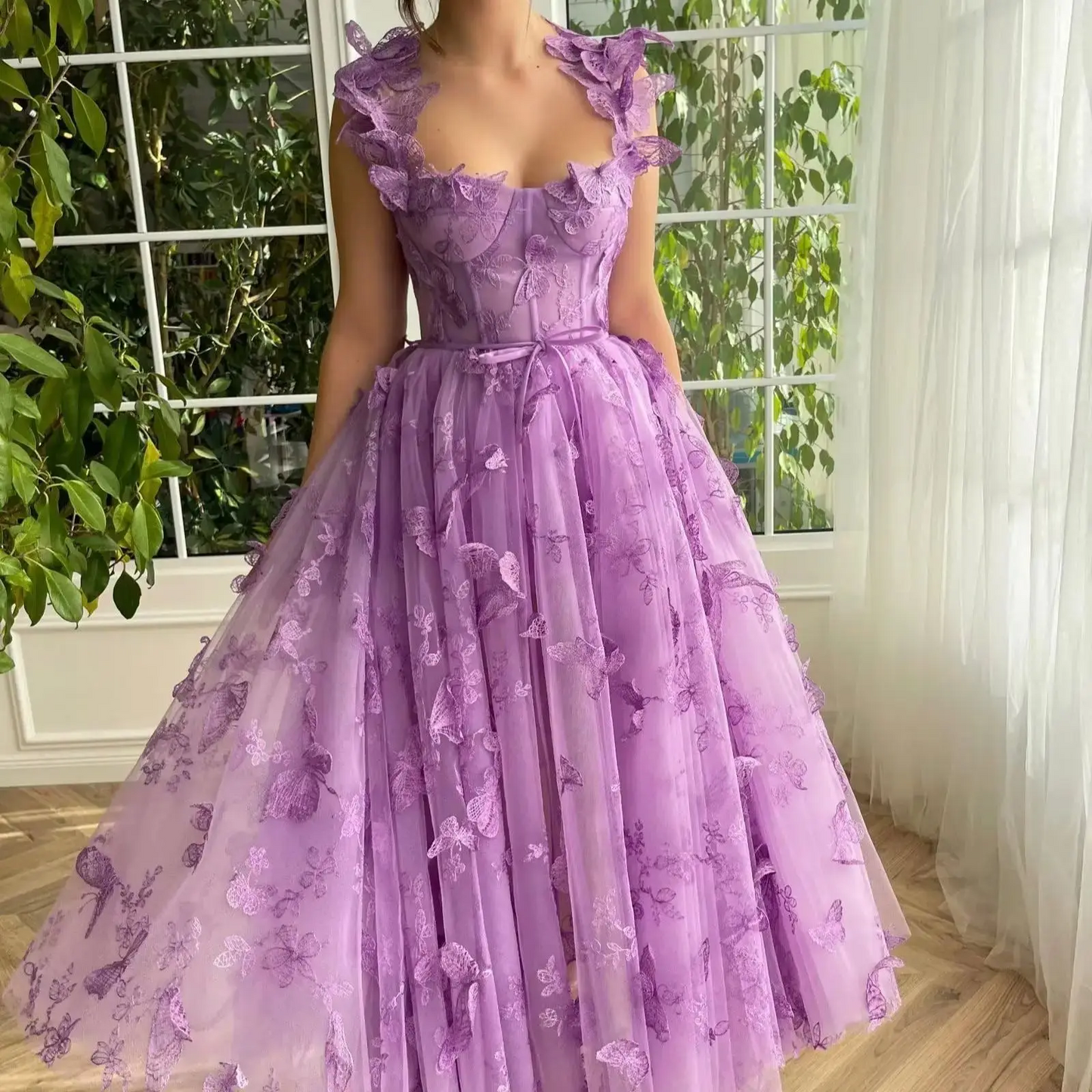 Tulle Prom Dresses 3D Butterfly Spaghetti Straps Tea Length Homecoming Dress
