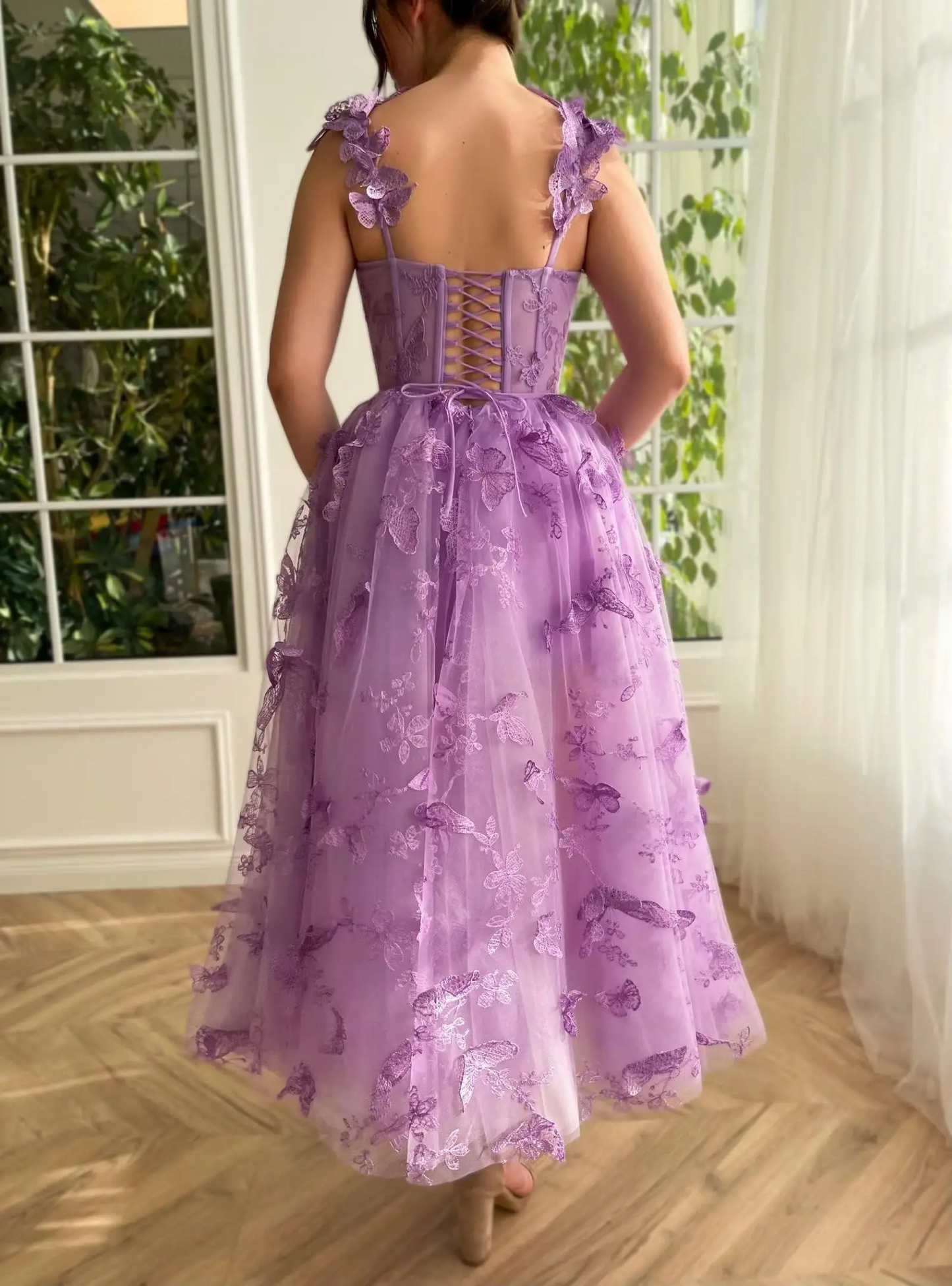 Tulle Prom Dresses 3D Butterfly Spaghetti Straps Tea Length Homecoming Dress