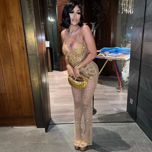 Sexy Gold Prom Dresses Halter Neck Sequin Party Gowns Vestidos De Gala African Women Evening Dress