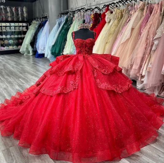 Red Sparkly Princess Quinceanera Dresses Floral Applique Boning Corset vestidos de 15 quinceañera Prom Lace Up