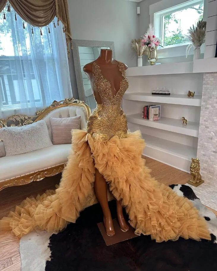Gold High Low Black Girl Prom Dress for Women Sparkly Diamond Crystal