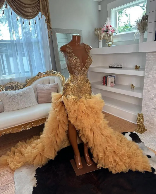 Gold High Low Black Girl Prom Dress for Women Sparkly Diamond Crystal Ruffles Skirt Mermaid Wedding Party Gown