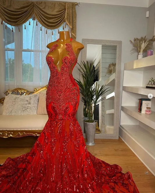 Red Gillter Black Girl Prom Dress for Women Sparkly Diamond Crystal Sheer Top Long Trumpet Birthday Evening Gown