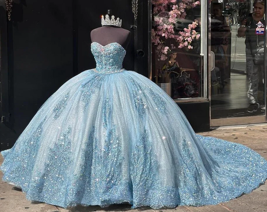 Sky Blue Sparkly Princess Quinceanera Dresses Sweetheart Gillter Applique Crystal Sweet 15 vestido de xv años Prom