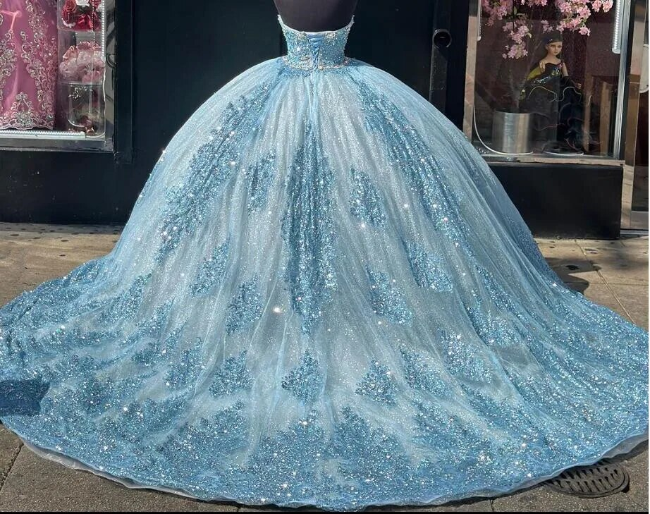 Sky Blue Sparkly Princess Quinceanera Dresses Sweetheart Gillter Applique Crystal Sweet 15 vestido de xv años Prom