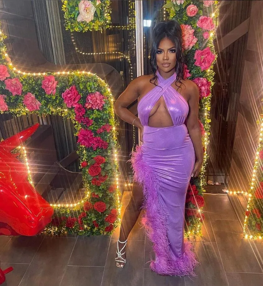 Light Purple Sexy Evening Runway Dress for Women Halter Ostrich Feather Celebrity Prom Gown