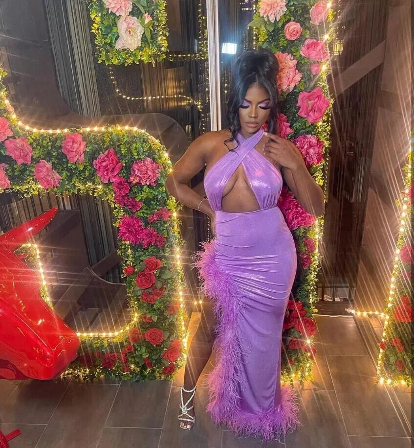 Light Purple Sexy Evening Runway Dress for Women Halter Ostrich Feather Celebrity Prom Gown